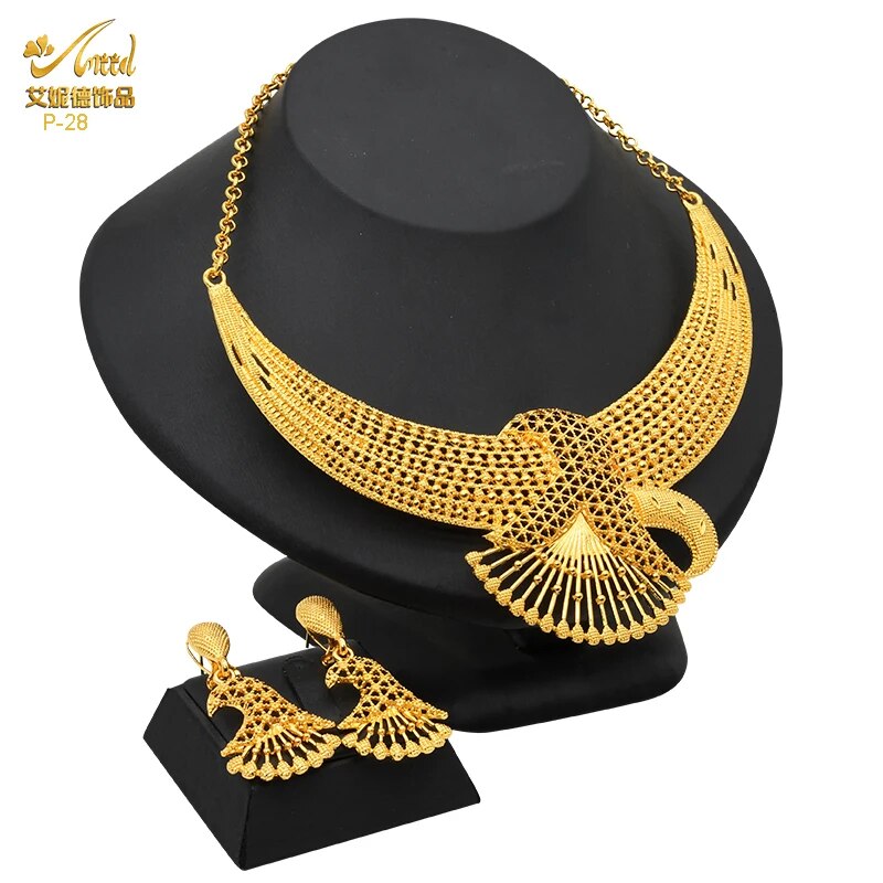 Indian Gold Plated Jewelry Set For Women African Bridal 24K Gold Color Necklace image 25
