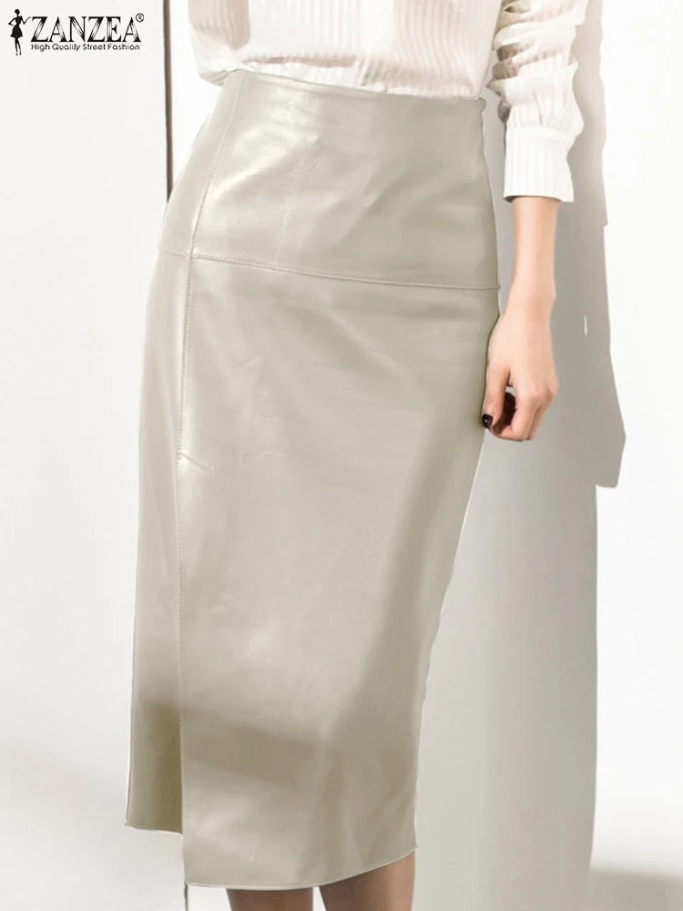ZANZEA 2023 Women PU Leather Skirt Fashion High Waist Long Jupes Autumn Vintage image 5
