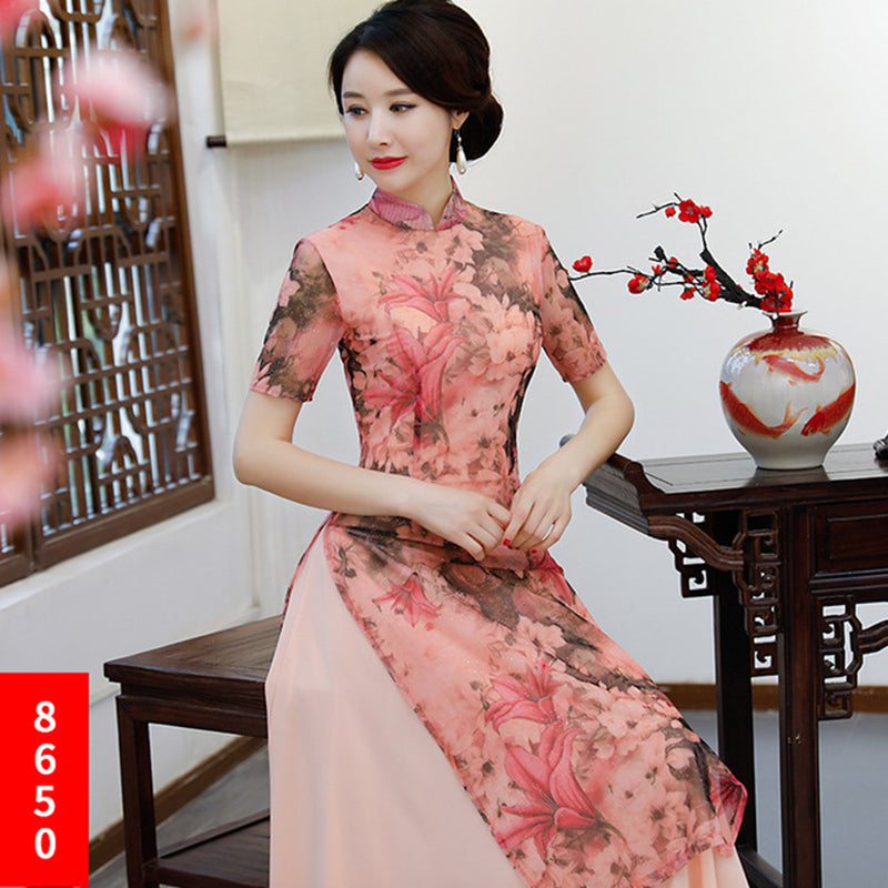 Plus Size Ao Dai Cheongsam dress China Improved Qipao Women Long Two-Piece Set image 5