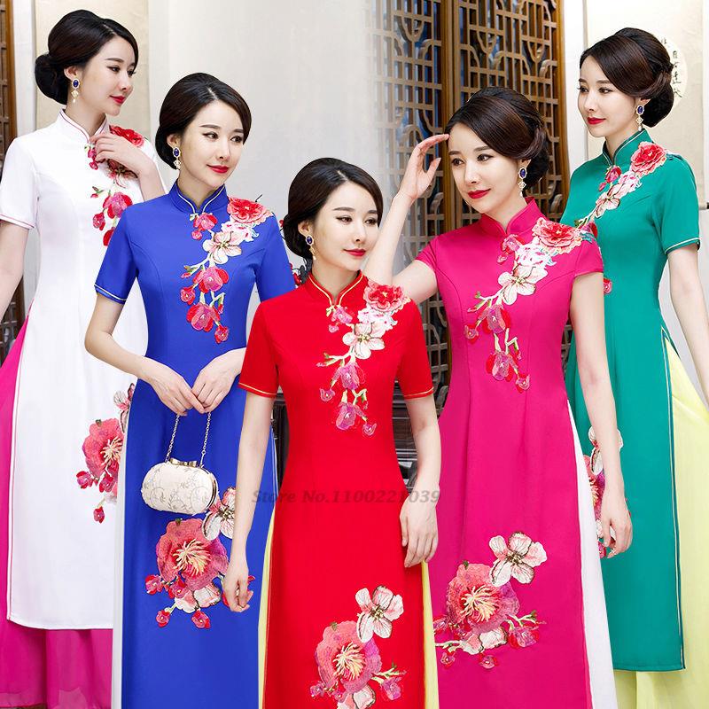 2024 vietnamese aodai vietnam cheongsam folk style qipao chinese flower embroid image 0