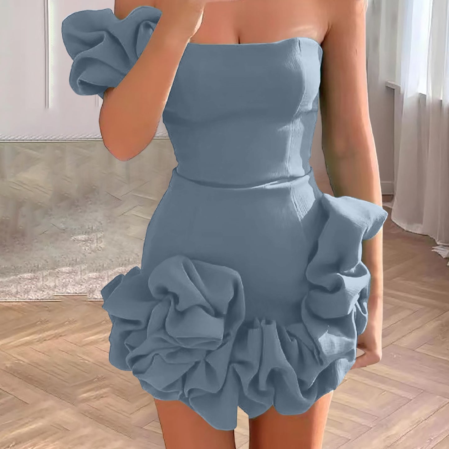 Elegant Women 3D Flower Cocktail Dress One Shoulder Party Evening Dresses For W image 0