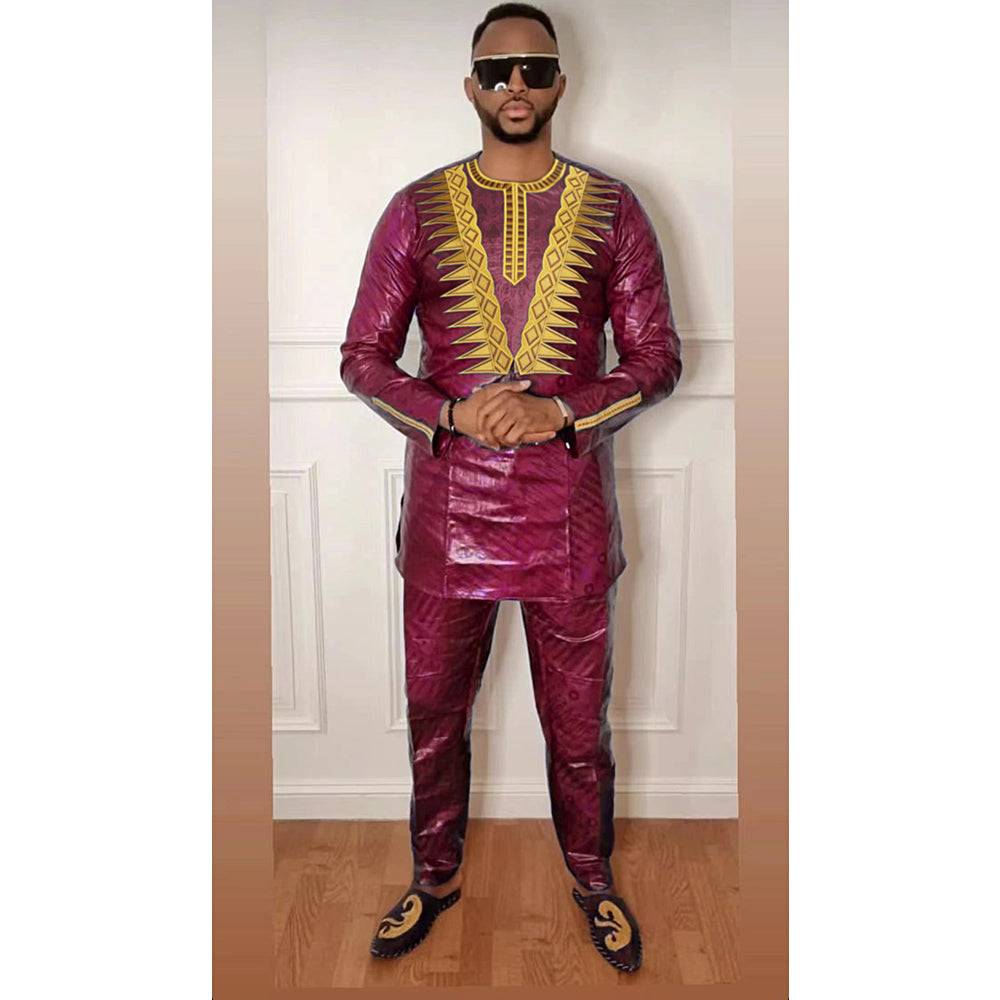 H&D New African Clothes for Men Tradition Clothing Embroidery Blue 2 Pcs Set To image 4