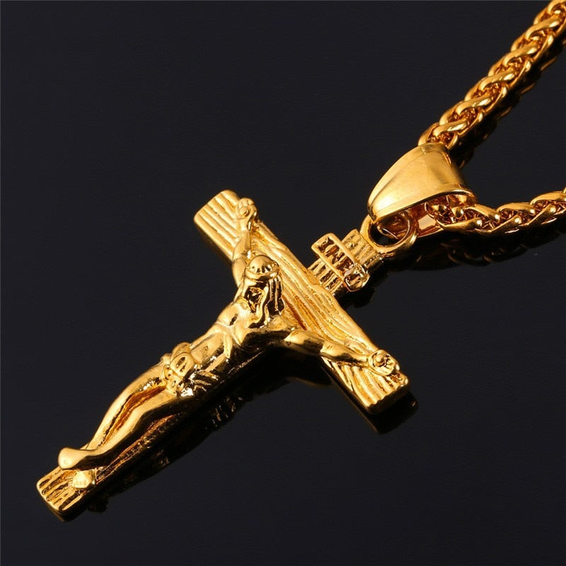 Religious Jesus Cross Necklace for Men 2021 New Fashion Gold color Cross image 12