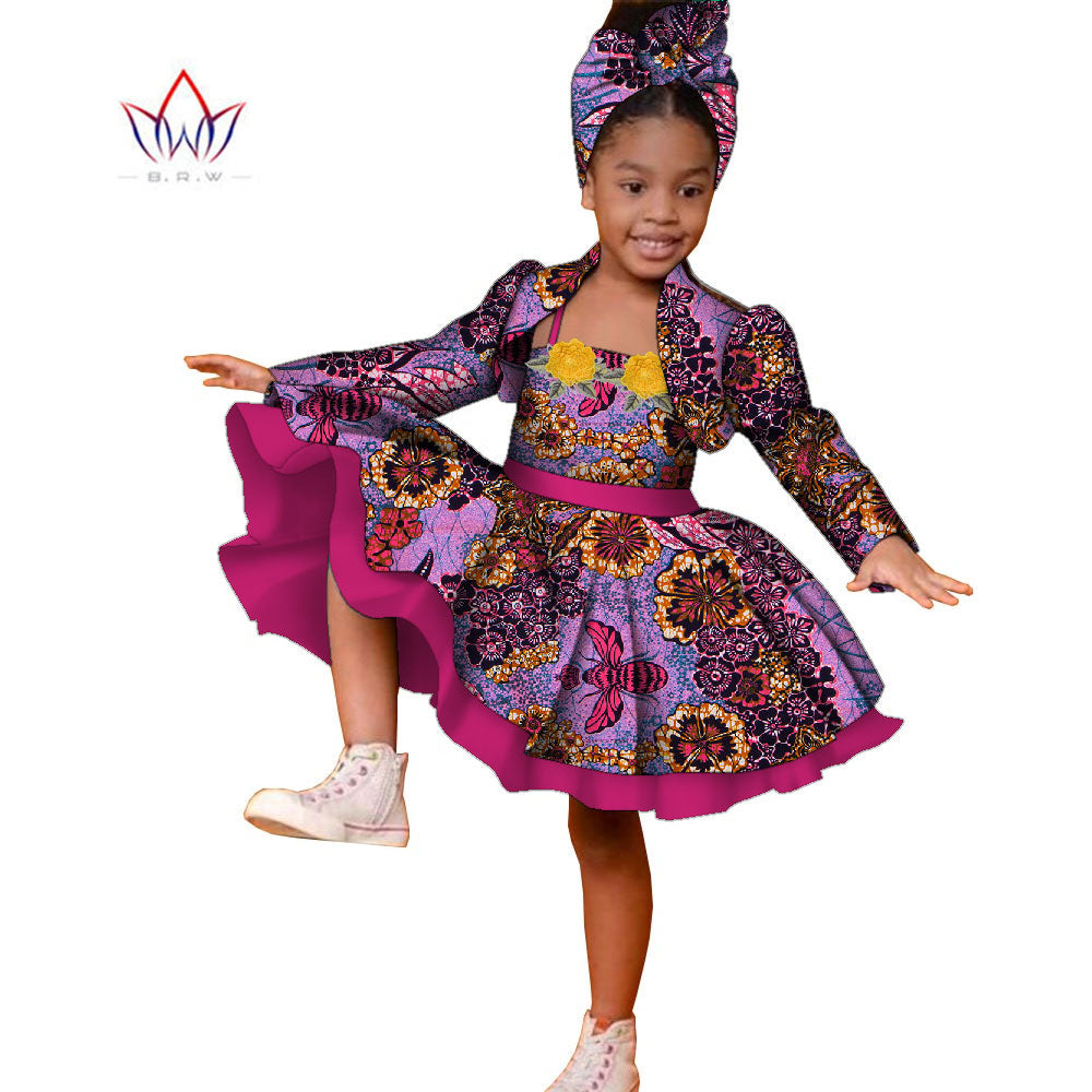 3pcs Set African Kids Gril Dashiki Dress Coat and Headtie Suits Africa Print Pa image 9