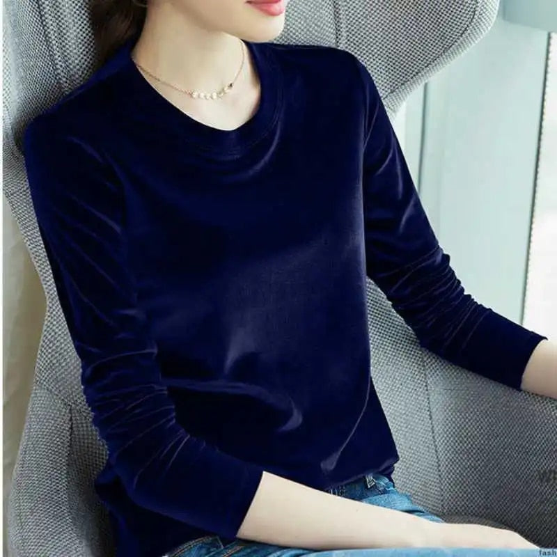 Spring Long Sleeve Loose Early Autumn T-shirt Women Gold Velvet Short Paragraph image 1