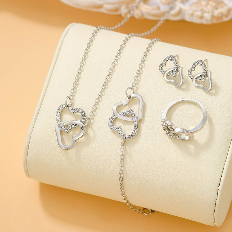 5PCS Set Gold-Color Heart Shaped Jewelry Sets Of Ring Earrings Necklace For Wom image 1
