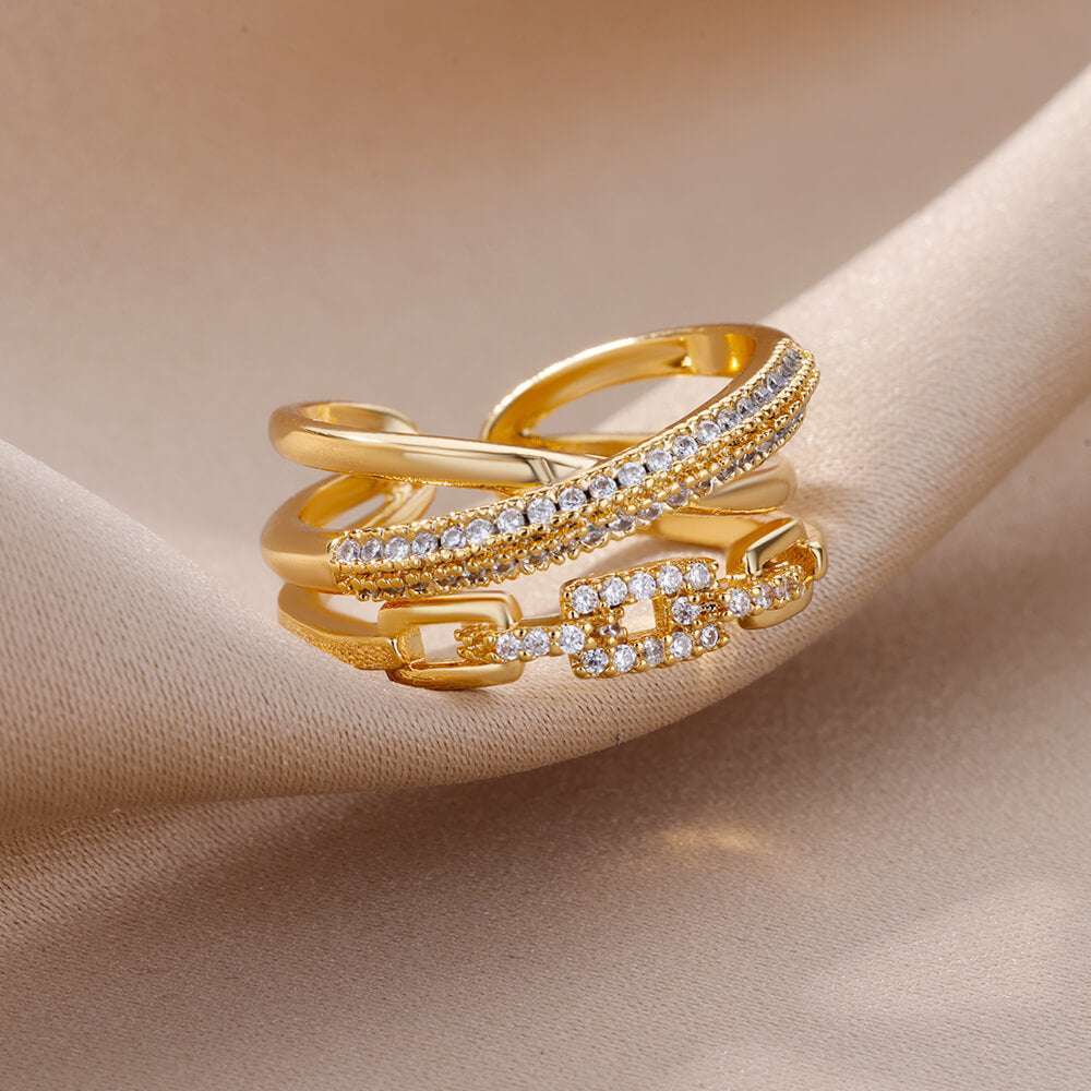Fashion Gold Color Stainless Steel Rings For Women Chain Hollow Out Crystal Zir image 5