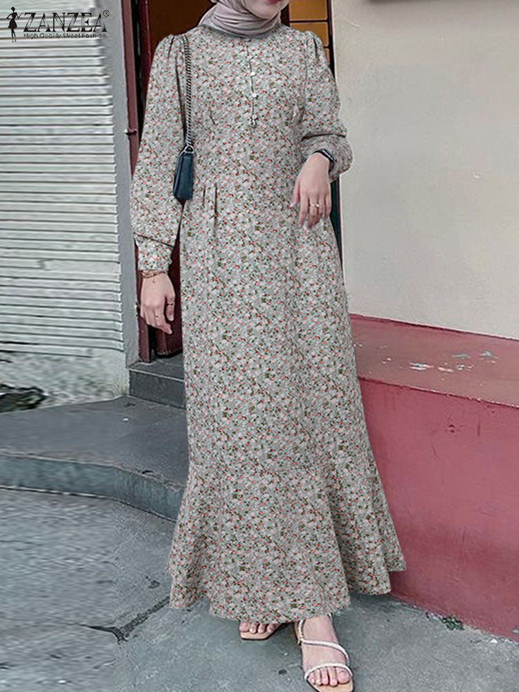 Women Floral Printed Muslim Dress Bohemian Sundress Elegant Abaya ZANZEA Fashio image 4