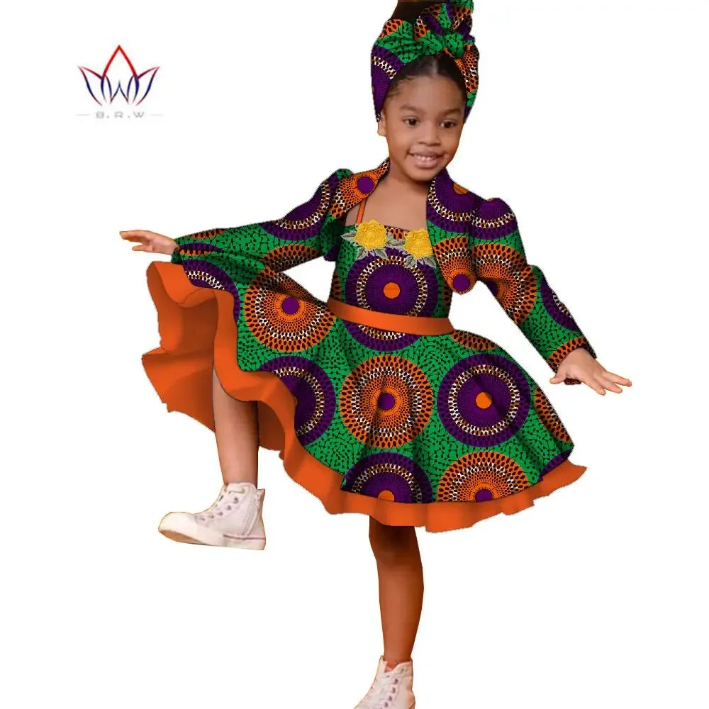 3pcs Set African Kids Gril Dashiki Dress Coat and Headtie Suits Africa Print Pa image 8