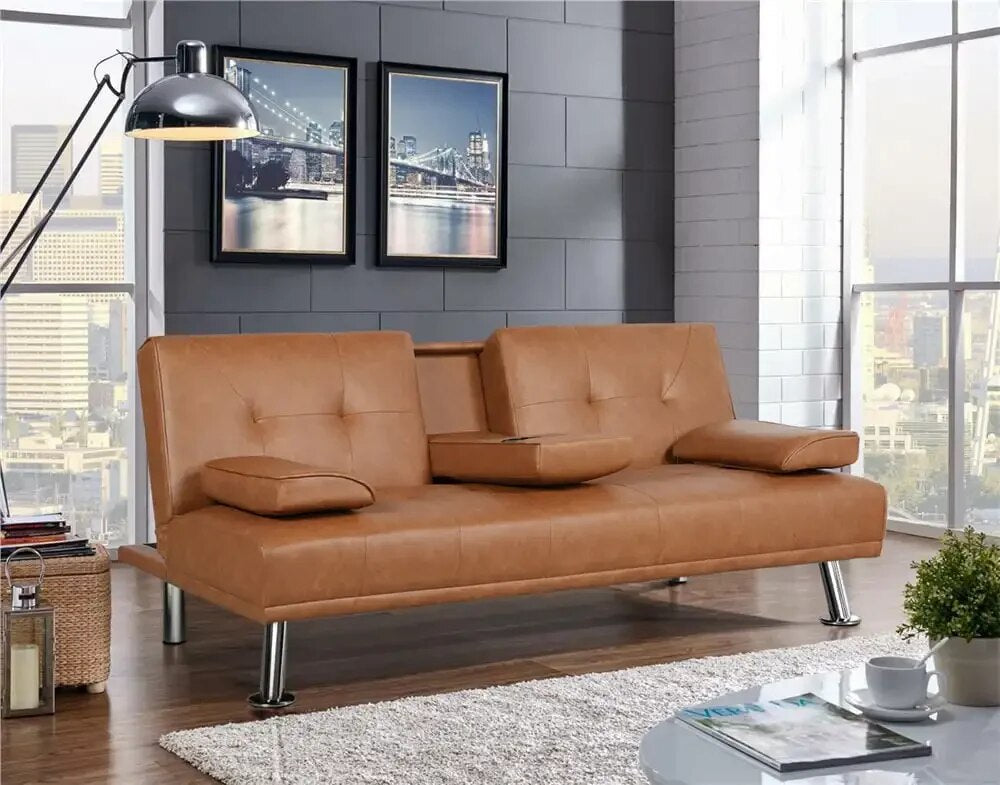 Modern Faux Leather Futon with Cupholders and Pillows image 3