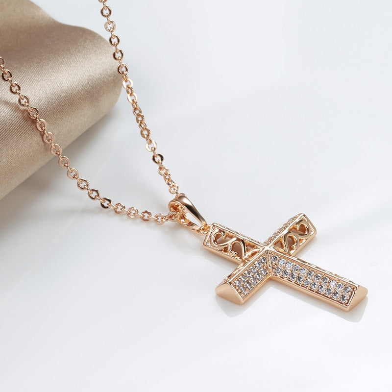 SYOUJYO Trendy Luxury Cross Necklace 585 Rose Gold Color Crystal Jesus Cross image 5