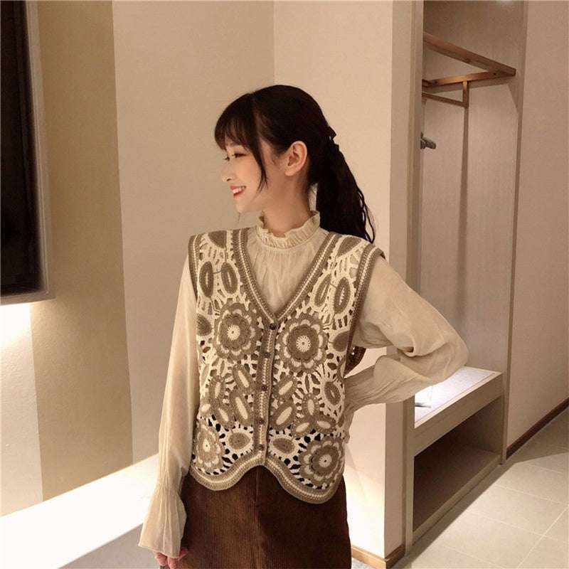 Women Spring Crochet Sleeveless Sweater Vest Waistcoat V-Neck Button Down Hollo image 7
