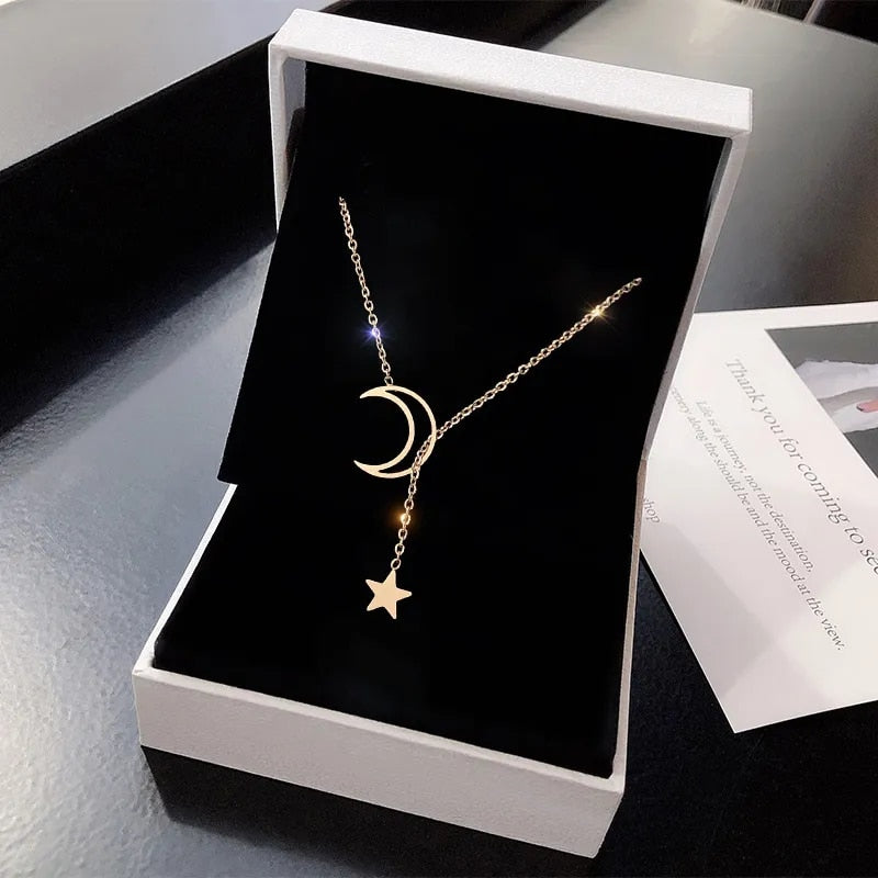 New Simple Moon Star Pendant Choker Necklace Simple Gold Color Alloy Charm Chai image 1