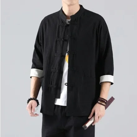 2022 New Chinese Style Mens Tops Tang Suit Linen Half Sleeve Solid Traditional image 4