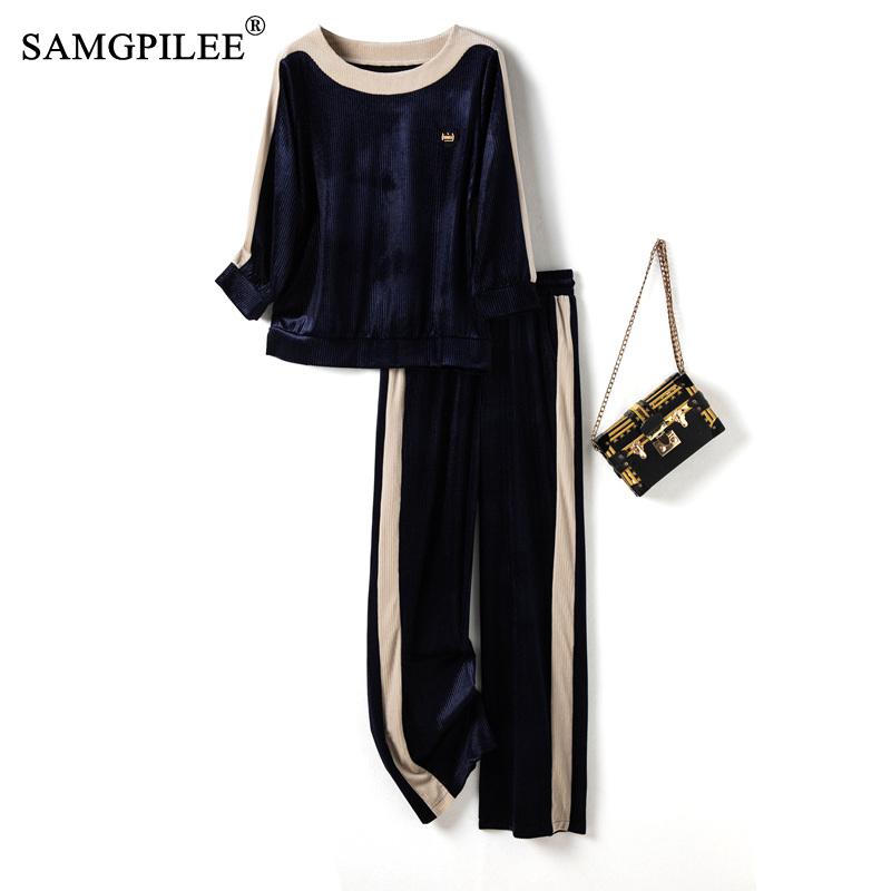 Women's Tracksuit Casual Gold Velvet Sports Two Piece Set For Woman Contrasting image 1