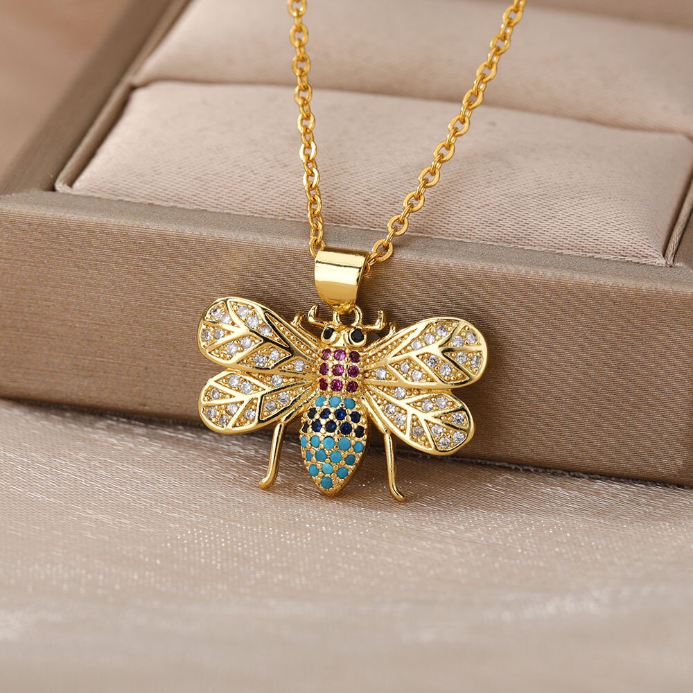 RXSMll Bee Pendant Necklace For Women Luxury Colorful Zircon Gold Plated image 2
