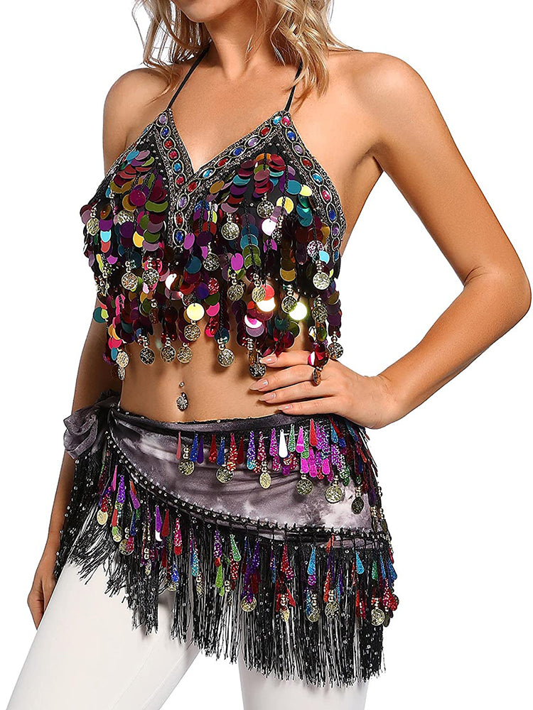 Women Belly Dance Clothing Accessories Teardrop Paillettes Fringe Wrap Elastic image 14