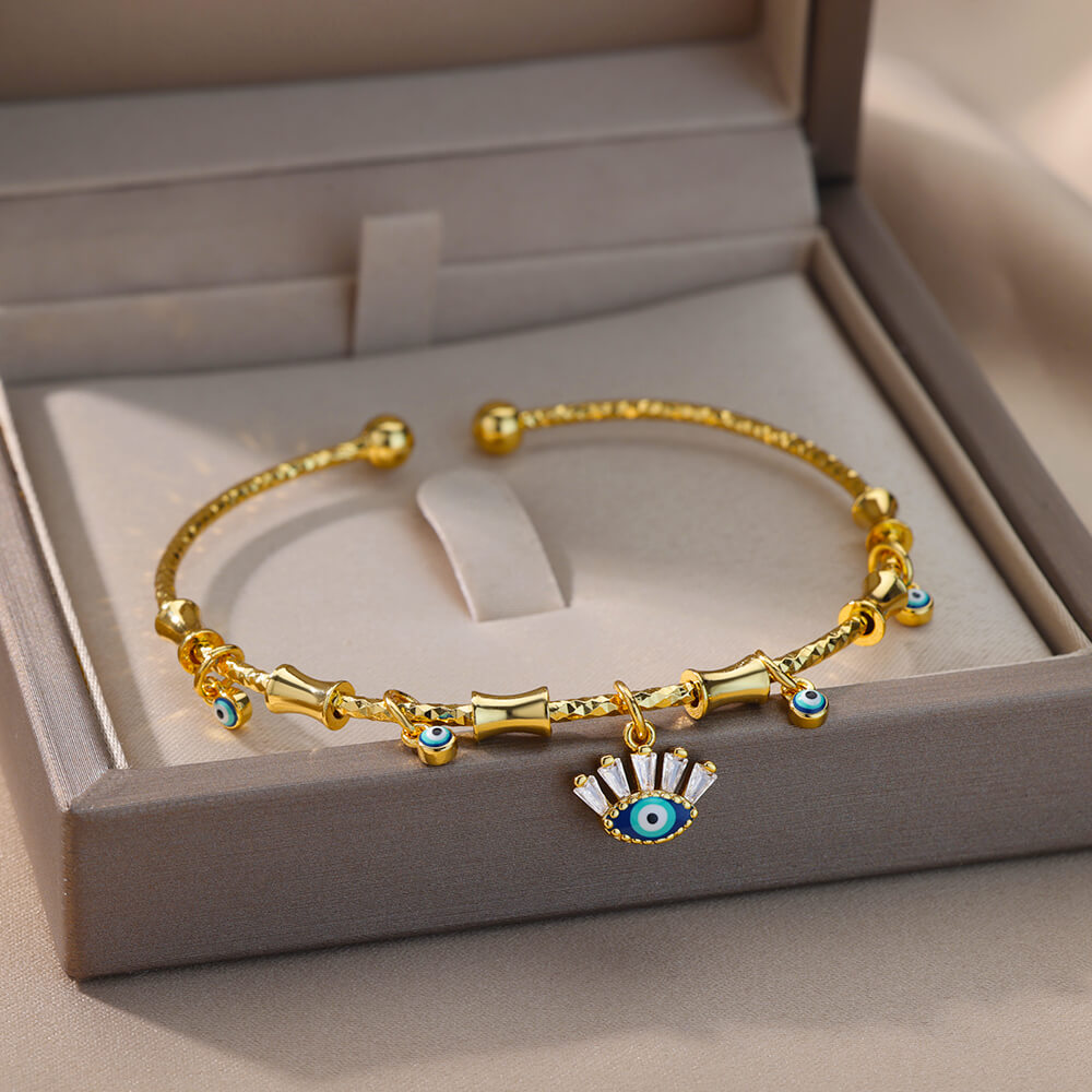 Zircon Fatima Hand Evil Eye Bracelet For Women Vintage Stainless Steel Gold image 6
