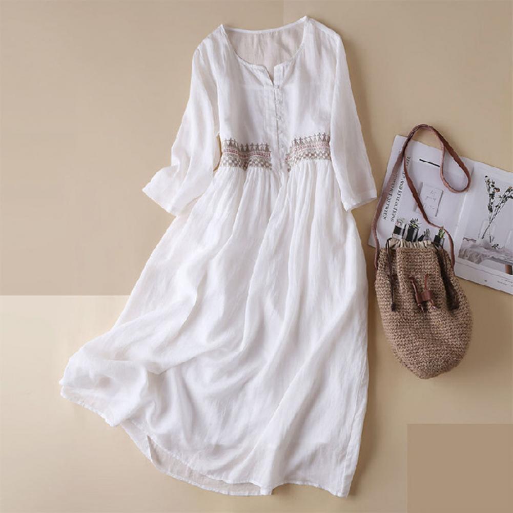 Cotton Casual Dress Elegant Ethnic Embroidered Midi Dress with High Waist Doubl image 2