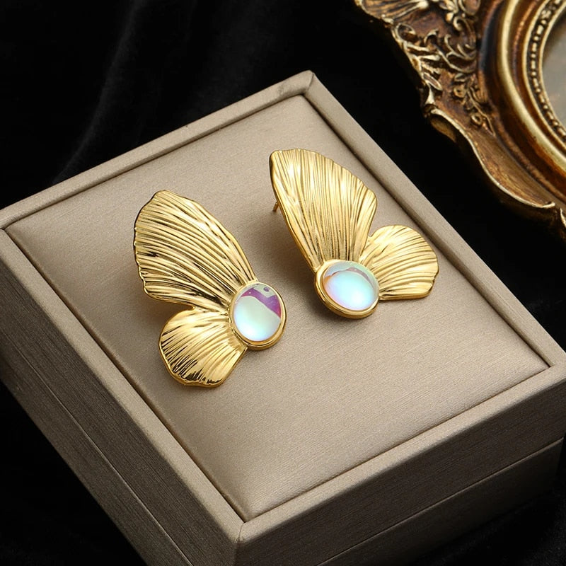 EILIECK 316L Stainless Steel Gold Color Fan Geometric Bohemian Drop Hoop Earrin image 4
