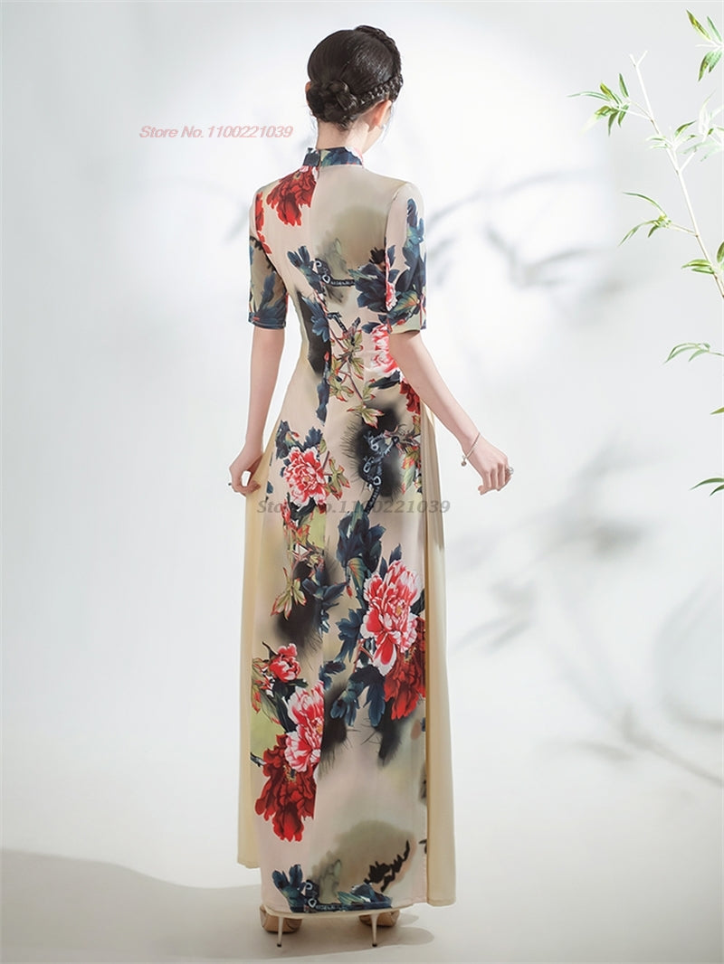 2024 chinese improved qipao dress vintage flower print cheongsam vietnam ao dai image 2