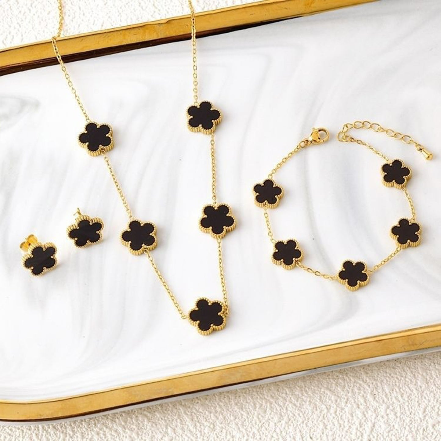 3Pcs 18k Gold-Plated Five-Leaf Flower Necklace Earrings Bracelet Jewelry Set Fo image 1