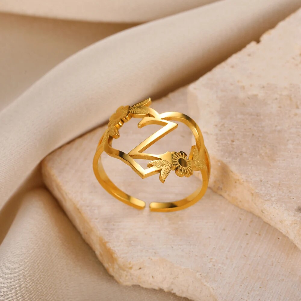 Stainless Steel Initials Flower Heart Rings Gold Color Adjustable Delicate Lett image 24