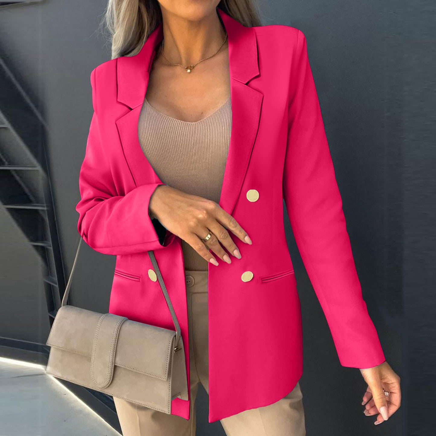 Women Outerwear Suit Loose Fit Buttons Up Lapel Workwear Blazer Office Lady Mul image 4