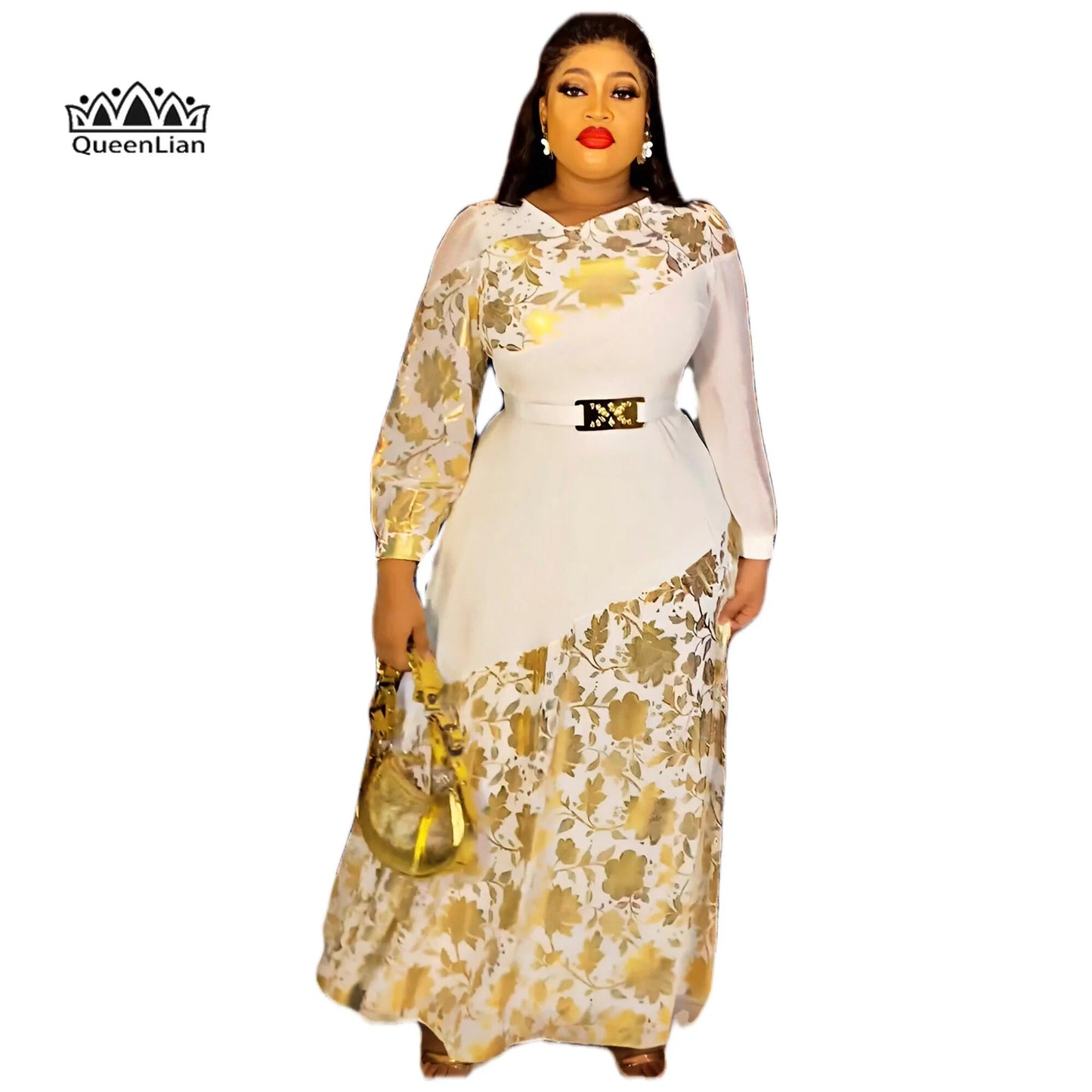 Gorgeous golden printed African dress with belt, perfect for dinner attire image 0