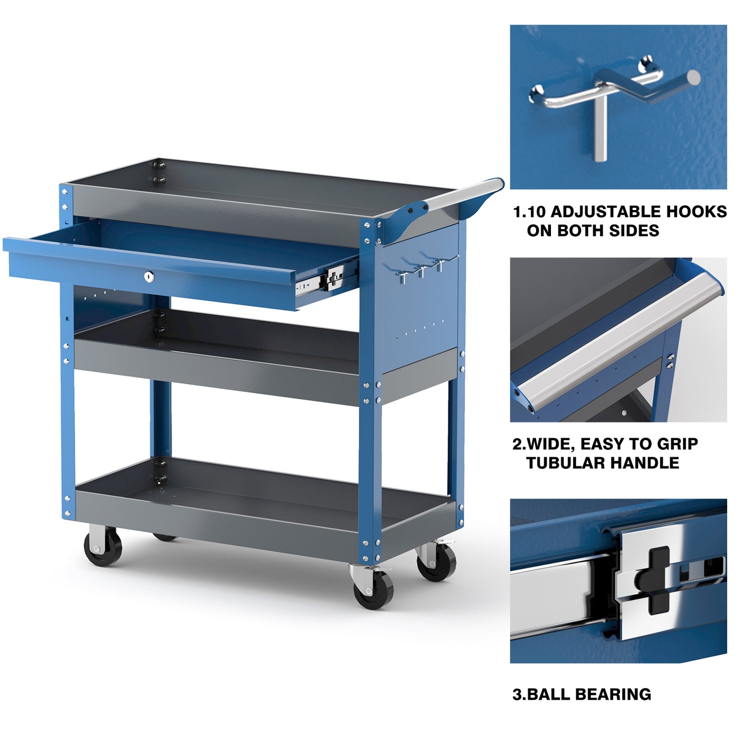 AIRAJ 3 Tier Rolling Tool Cart on Wheels,Metal Heavy Duty Mechanic Cart with Dr image 3