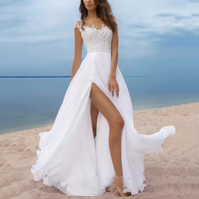 Women White Slit Maxi Dresses Autumn Elegant Backless Wedding Outfit Lace V-neck image 6