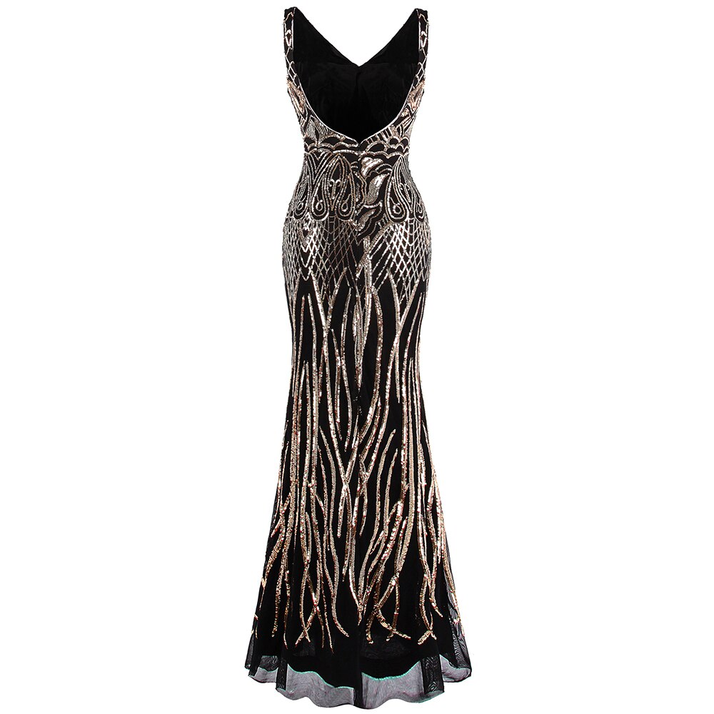 Angel-fashions Women's V Neck Evening Dress Gold Sequin Vintage 1920S image 0