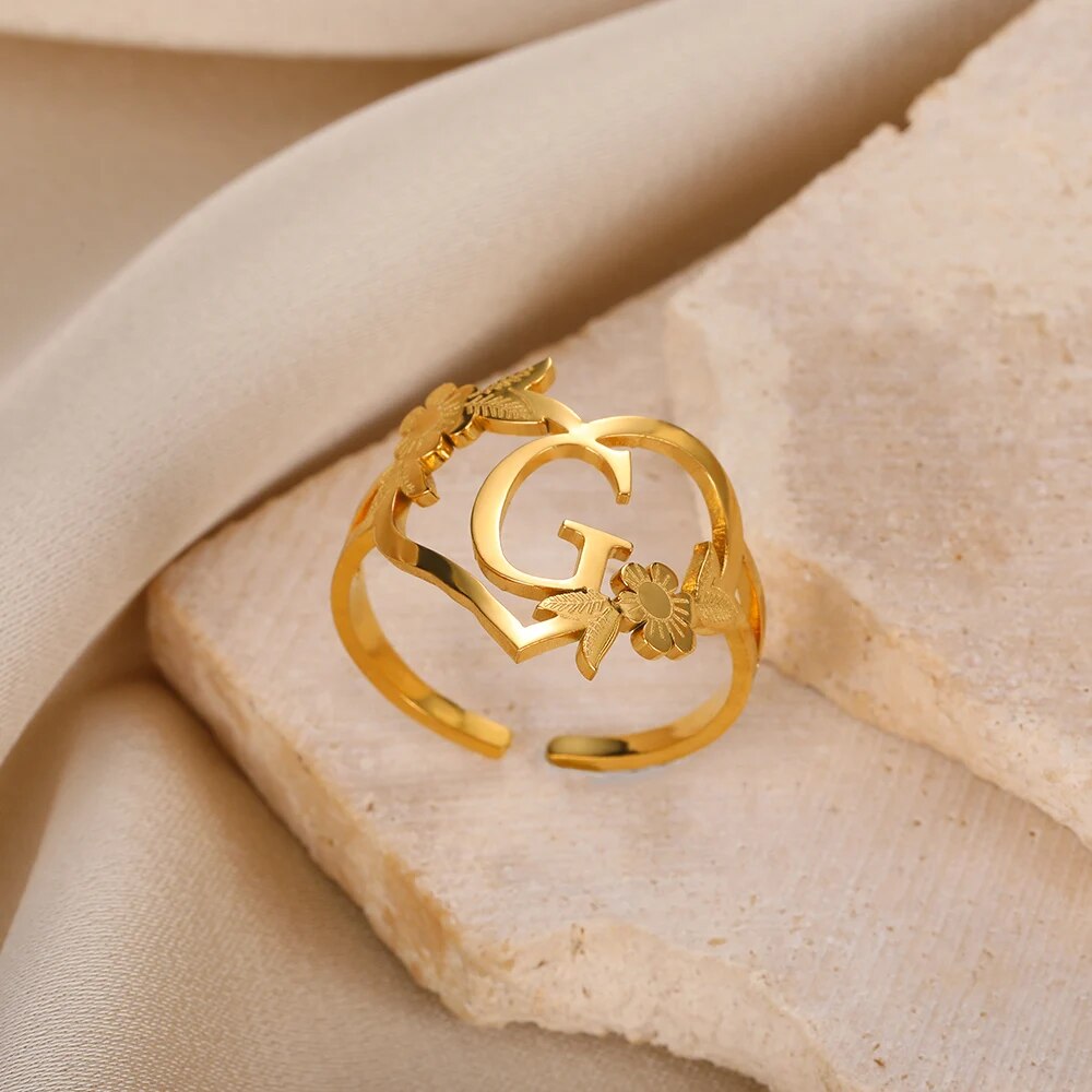 Stainless Steel Initials Flower Heart Rings Gold Color Adjustable Delicate Lett image 6