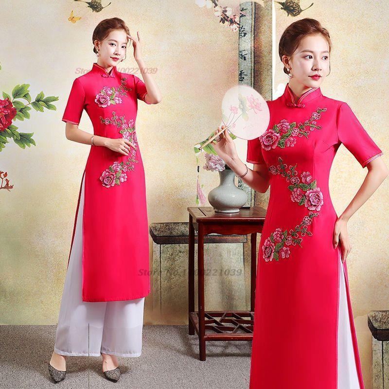 2024 traditional qipao dress cheongsam aodai vietnam aodai dress+pants set vint image 10