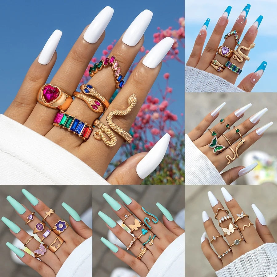Colorful Crystal Snake Shape Ring Set For Women Fashion Butterfly Heart Gold Co image 1