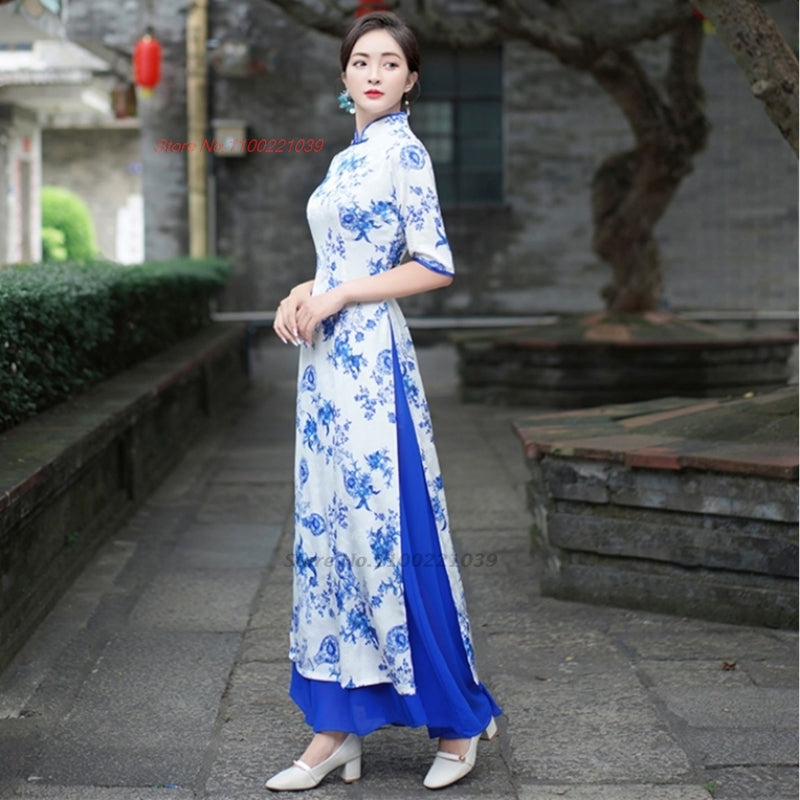 2024 vietnam aodai dress improved cheongsam qipao dress national flower print q image 4
