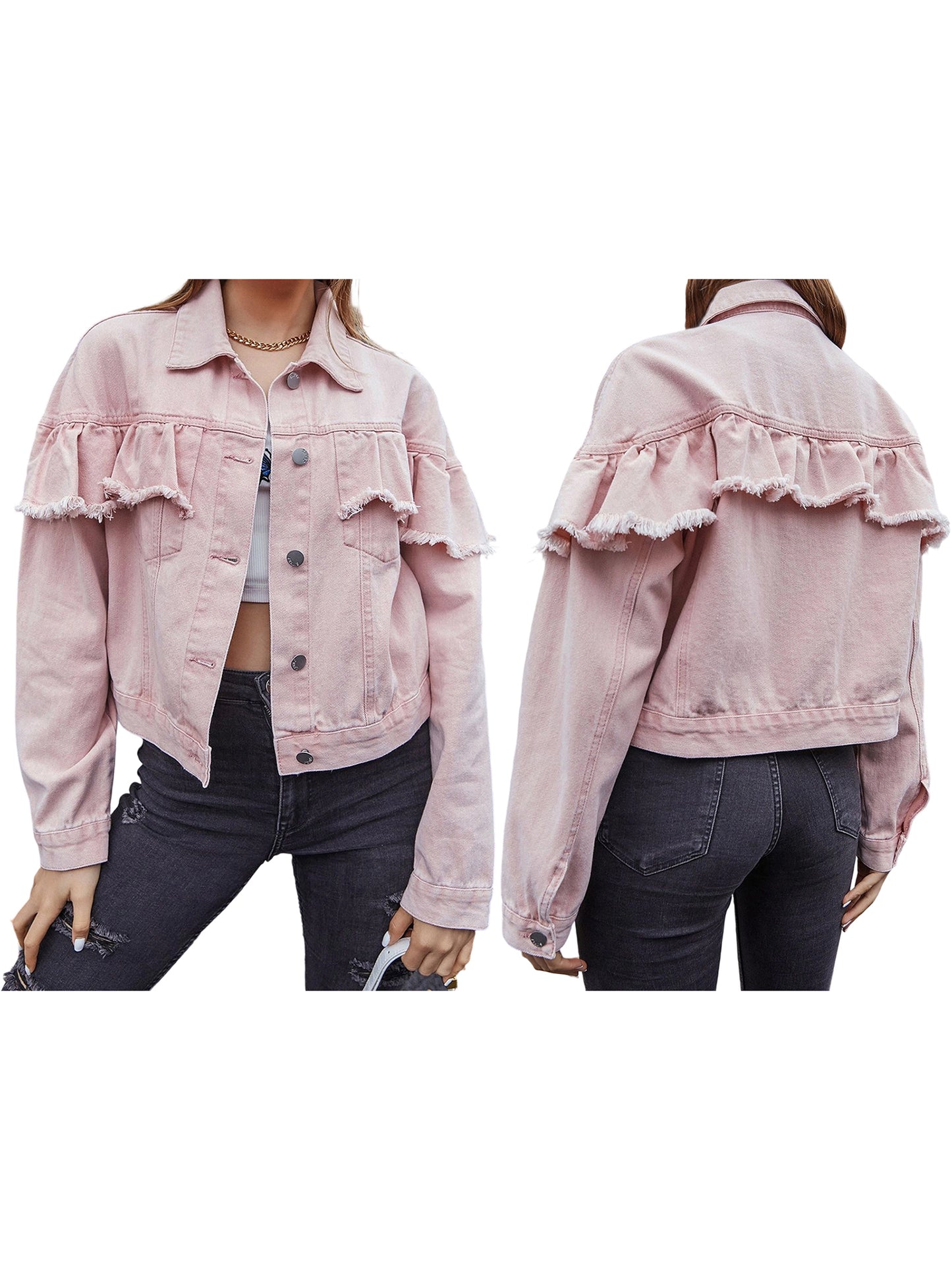Ladies Frilled Denim Coat with Long Sleeves Collared Neckline and Button Closur image 1