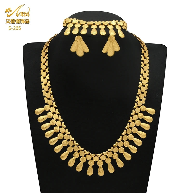 Indian Gold Plated Jewelry Set For Women African Bridal 24K Gold Color Necklace image 18