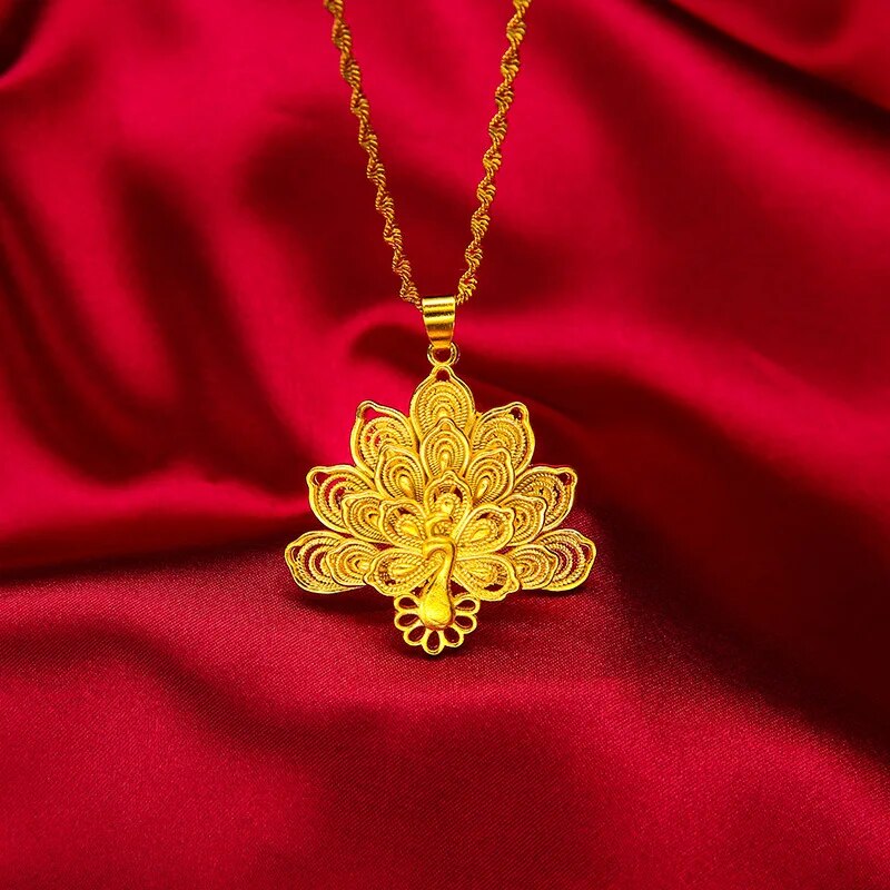 Charm Necklaces For Women 24K Yellow Gold Color Peacock Pendant Necklace Chain image 4