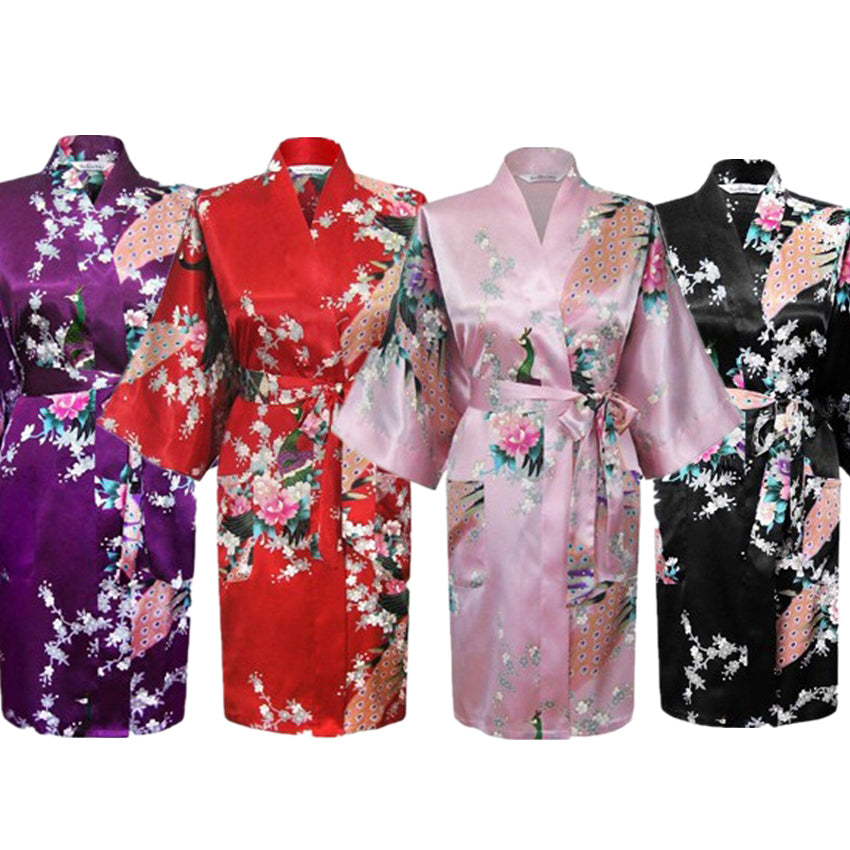 Kimono Dress Japanese Style Peacock Floral Print Satin Loose Traditional sleepw image 0