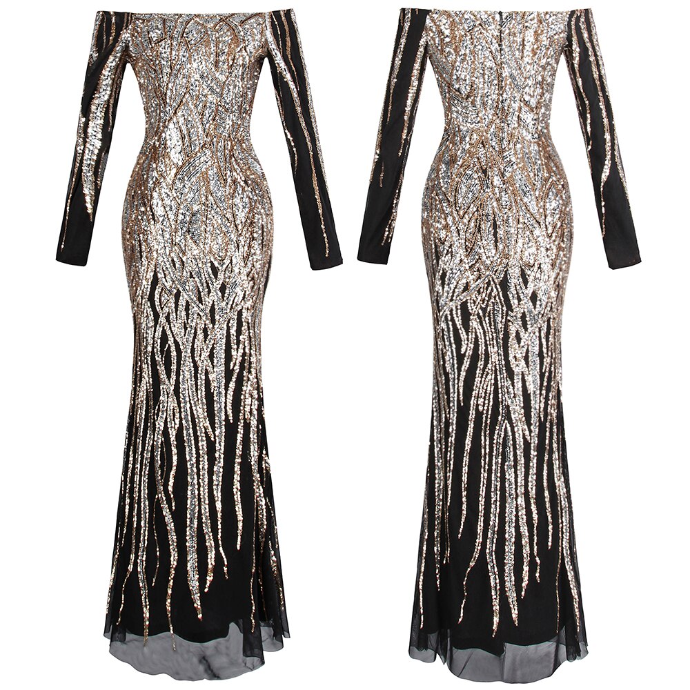 Angel-fashions Vintage Sequin Prom Gown Off Shoulder Long Sleeves Gold Silver image 5