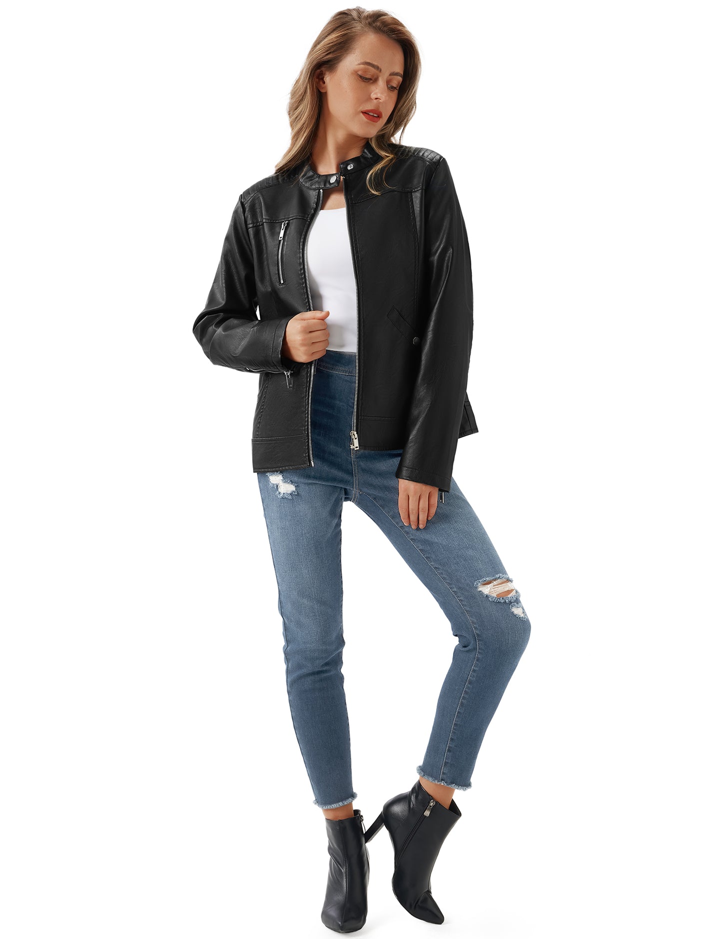 URBEST Women's Faux Leather Jacket Black Motorcycle Moto Biker Short Coat image 2