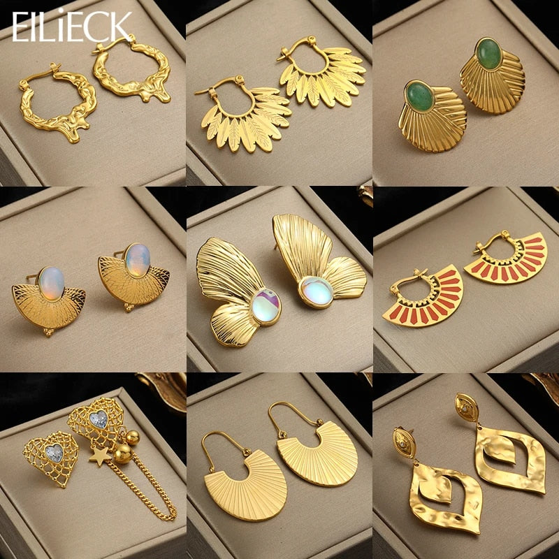 EILIECK 316L Stainless Steel Gold Color Fan Geometric Bohemian Drop Hoop Earrin image 0