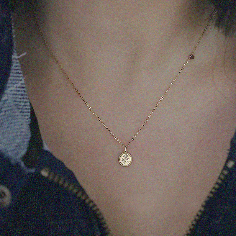 Rose small coin S925 sterling silver plated K gold necklace bead edge glossy ca image 1