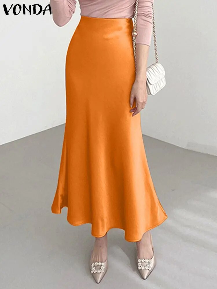 VONDA Elegant Maxi Skirts 2023 Summer Pleated Loose Streetwear Satin Long Skirt image 2