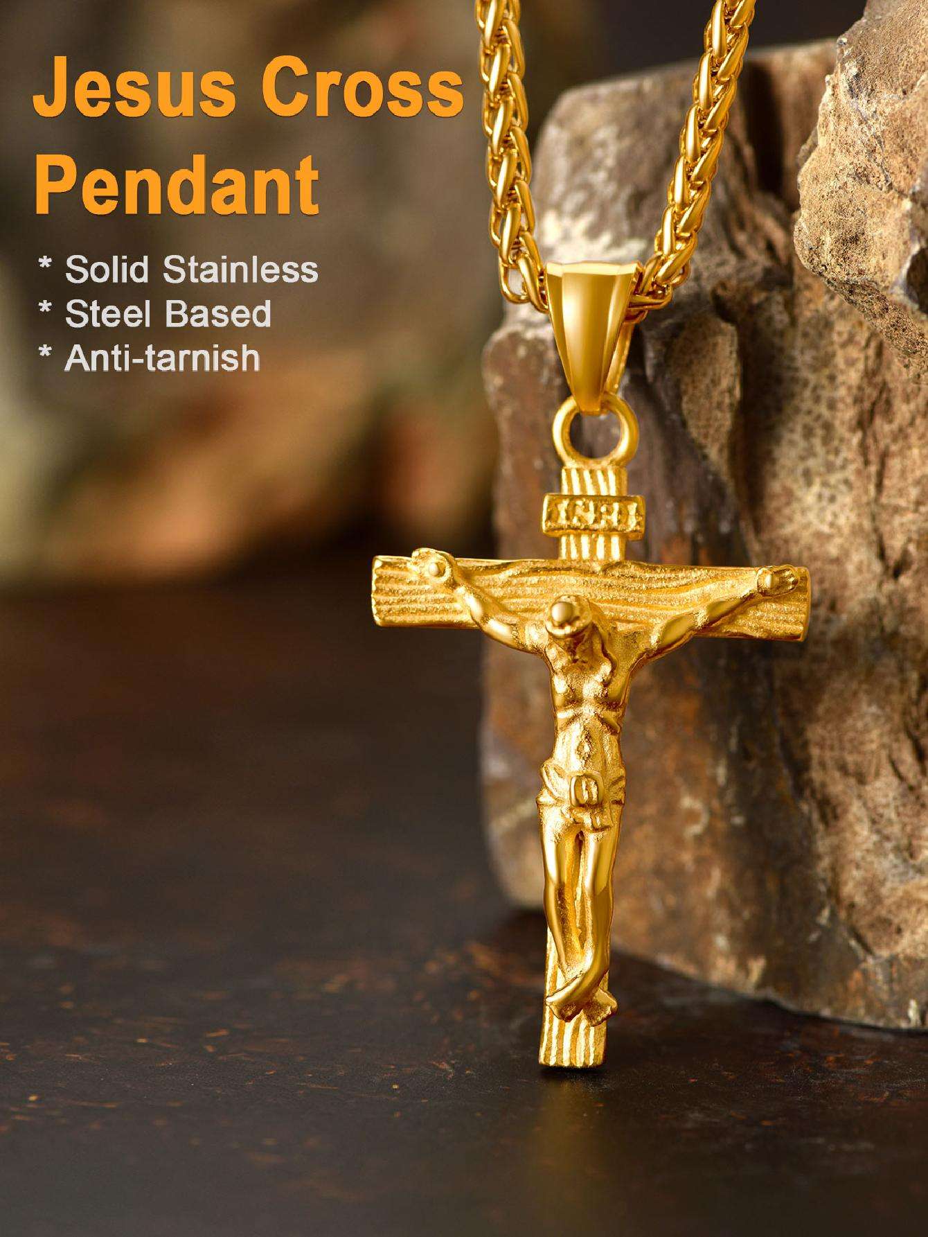 U7 Men INRI Cross Pendant Baptism Christian Jewelry Stainless Steel/Gold/Black/ image 11