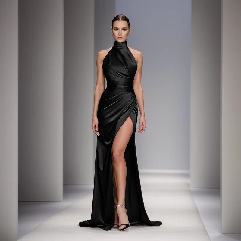 Ladies Satin New Evening Party Dresses Women Sleeveless Backless Halter Side Sl image 3