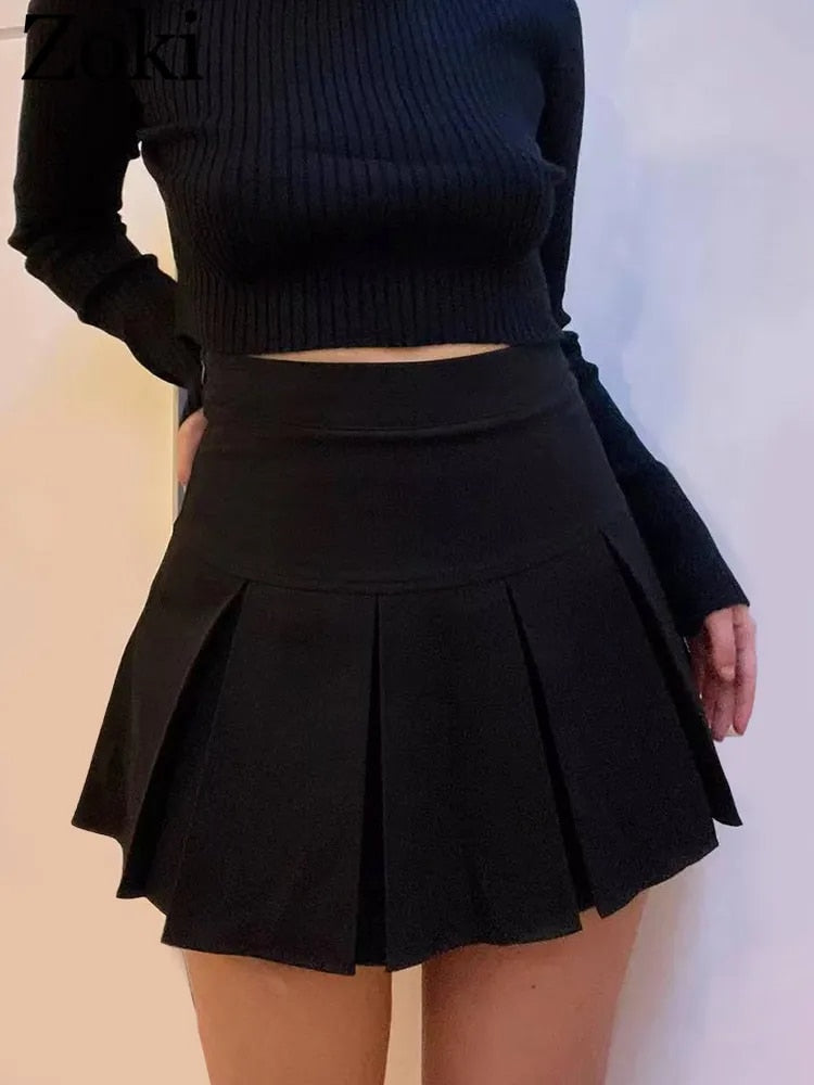 ZOKI Vintage Gray Pleated Skirt Women Kawaii High Waist Mini Skirts Korean Fas image 2