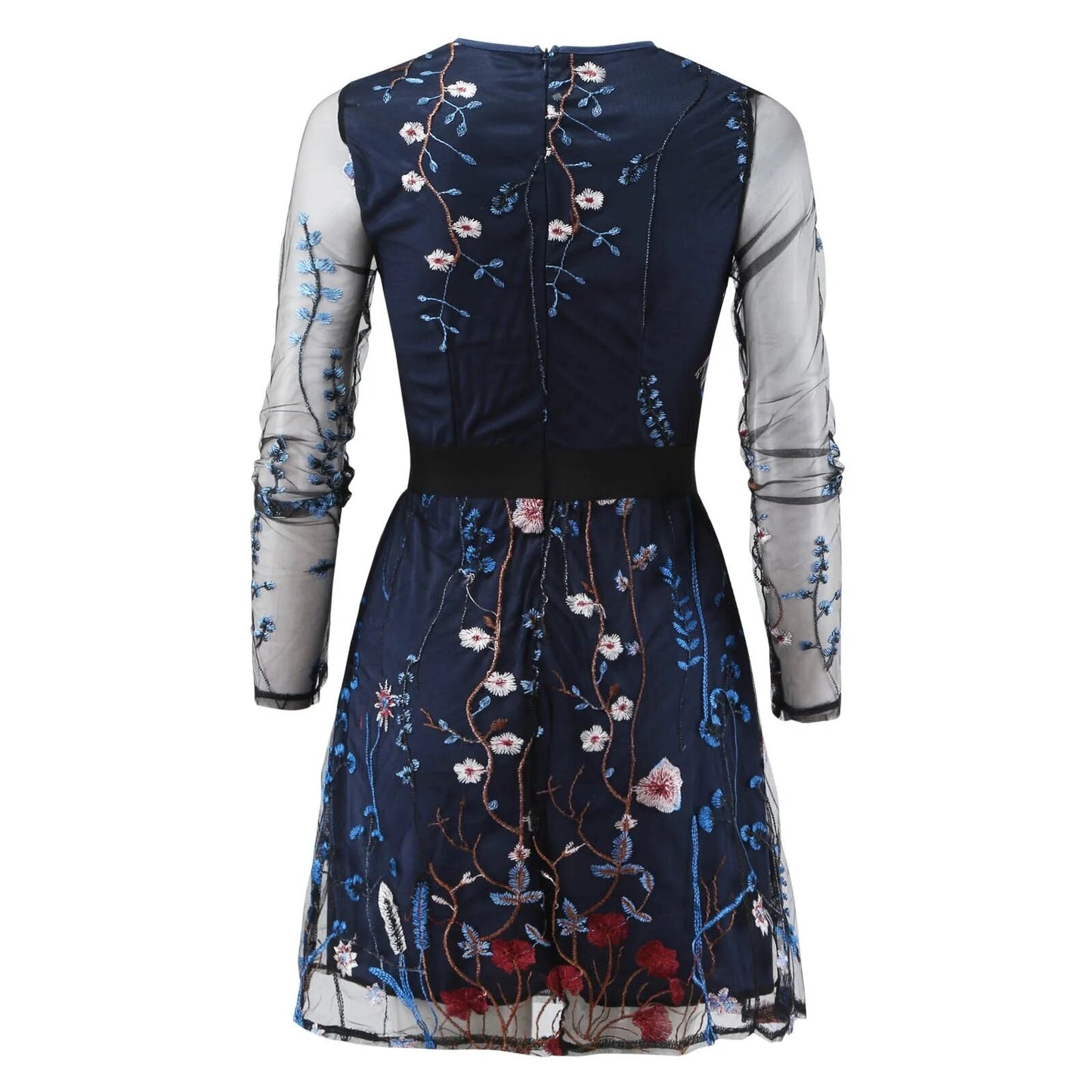Women Double Layer Mini Dress Floral Embroidered Mesh Patchwork Long Sleeve O-N image 4