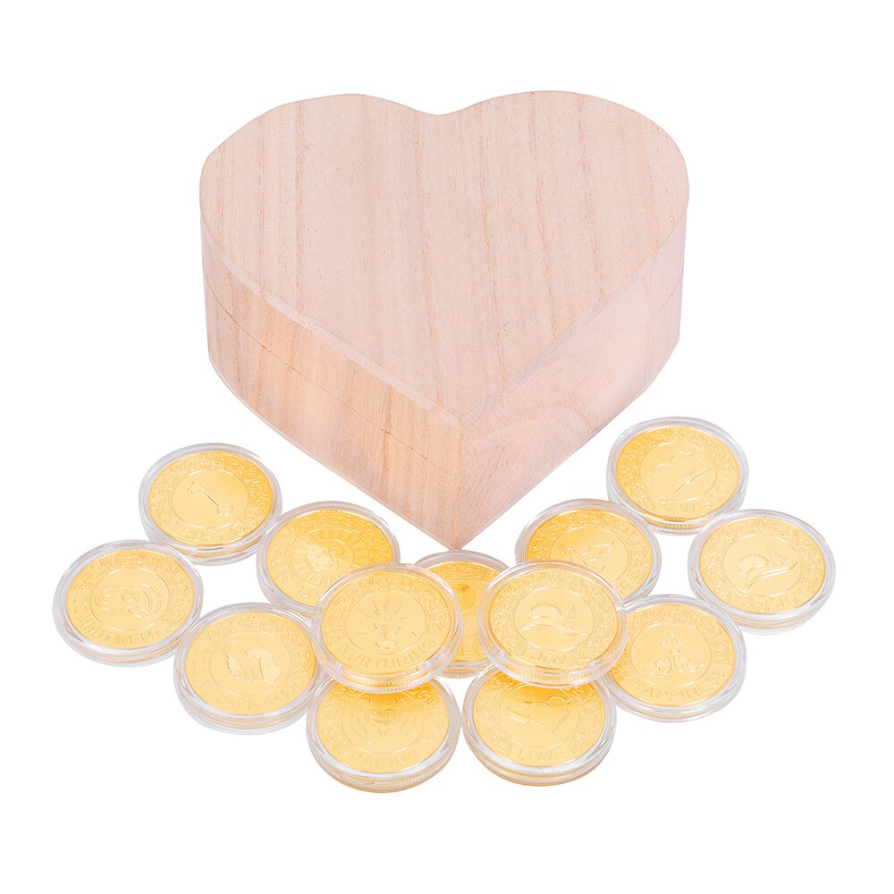 Spanish Golden Wedding Arras De Boda Unity Coins Set With Heart Wood Box Party image 2